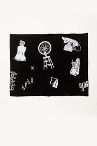 Dada by Deux Goods - black fabric with white print - a variety of symbols and text alluding to the Dada avante-garde art movement.