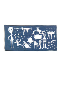 Kids headband gaiter mask retro alien print blue and white friends in outer spaces