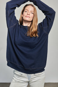 unisex navy blue crewneck pullover sweater men women gold yellow detail accent loose fit
