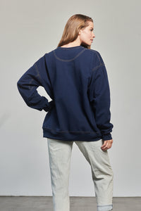 unisex navy blue crewneck pullover sweater men women gold yellow detail accent loose fit