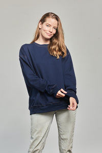 unisex navy blue crewneck pullover sweater men women gold yellow detail accent loose fit