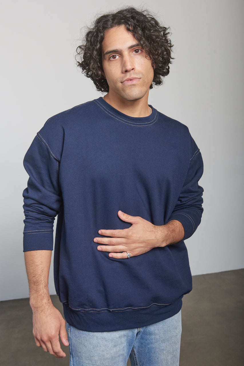 unisex navy blue crewneck pullover sweater men women gold yellow detail accent loose fit