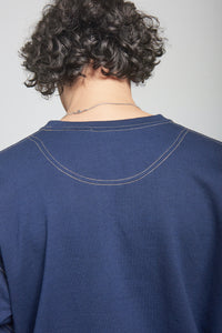 unisex navy blue crewneck pullover sweater men women gold yellow detail accent loose fit