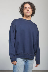 unisex navy blue crewneck pullover sweater men women gold yellow detail accent loose fit